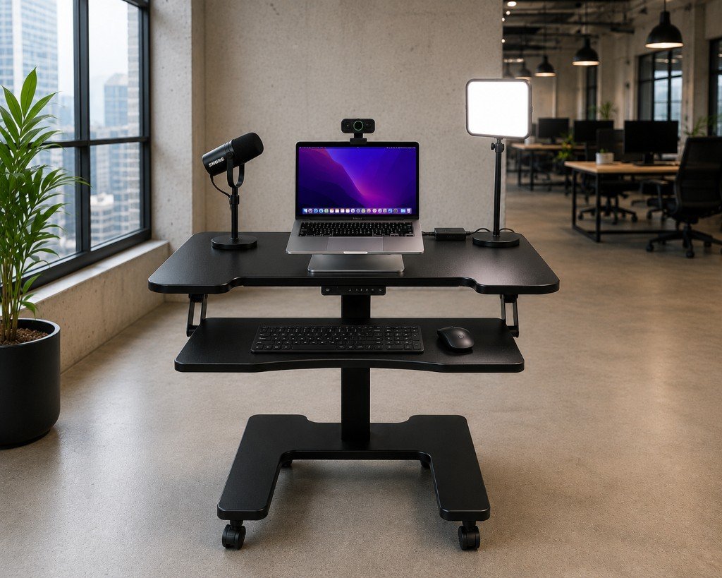 Remote podcast and video recording desk with camera, microphone, and lighting